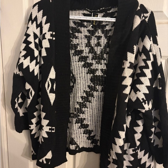 Revamped Sweaters - Revamped Black and White Cardigan Sweater with Geometric Design